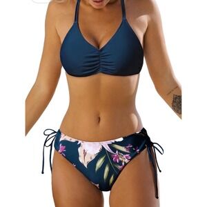 NEW Cupshe Navy Blue Floral Reversible Bottom Bikini Set Large Beach Resort